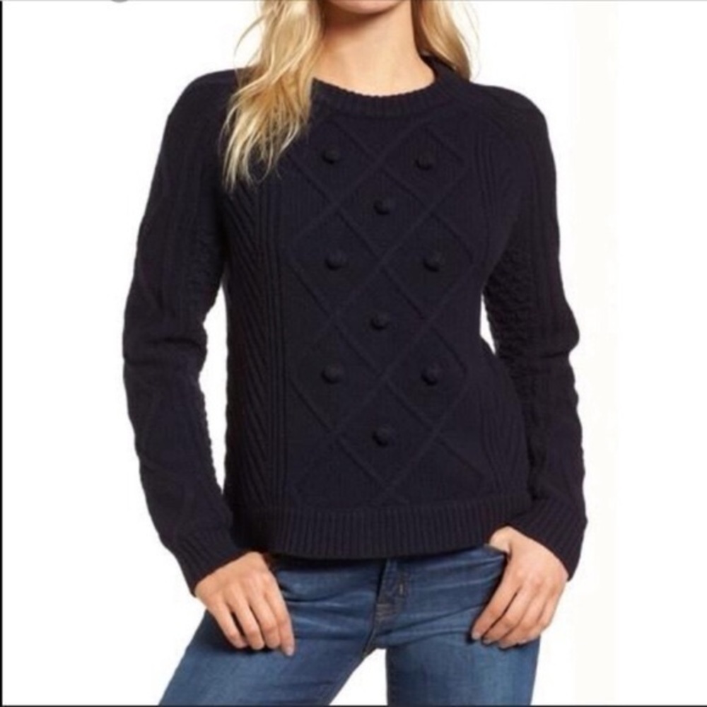 J. Crew Cable Knit Black Pom Pom Wool Sweater Sz XS